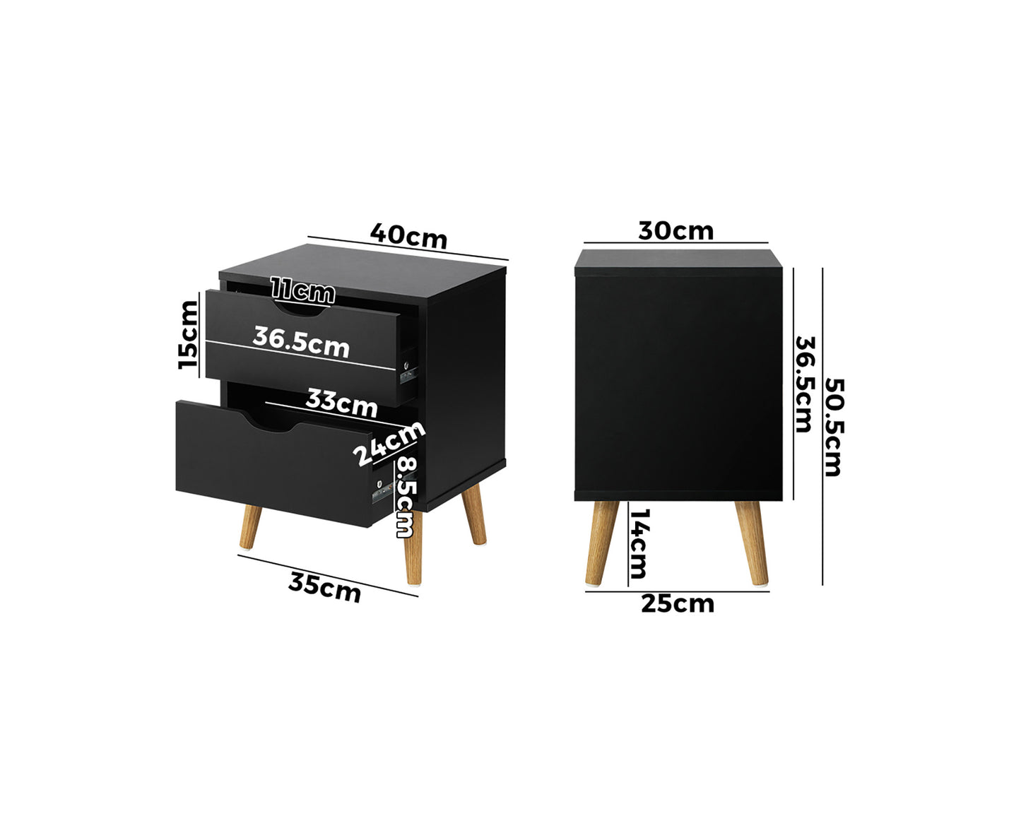 Bedside Tables 2 Drawers Side Table Bedroom Furniture Storage Black