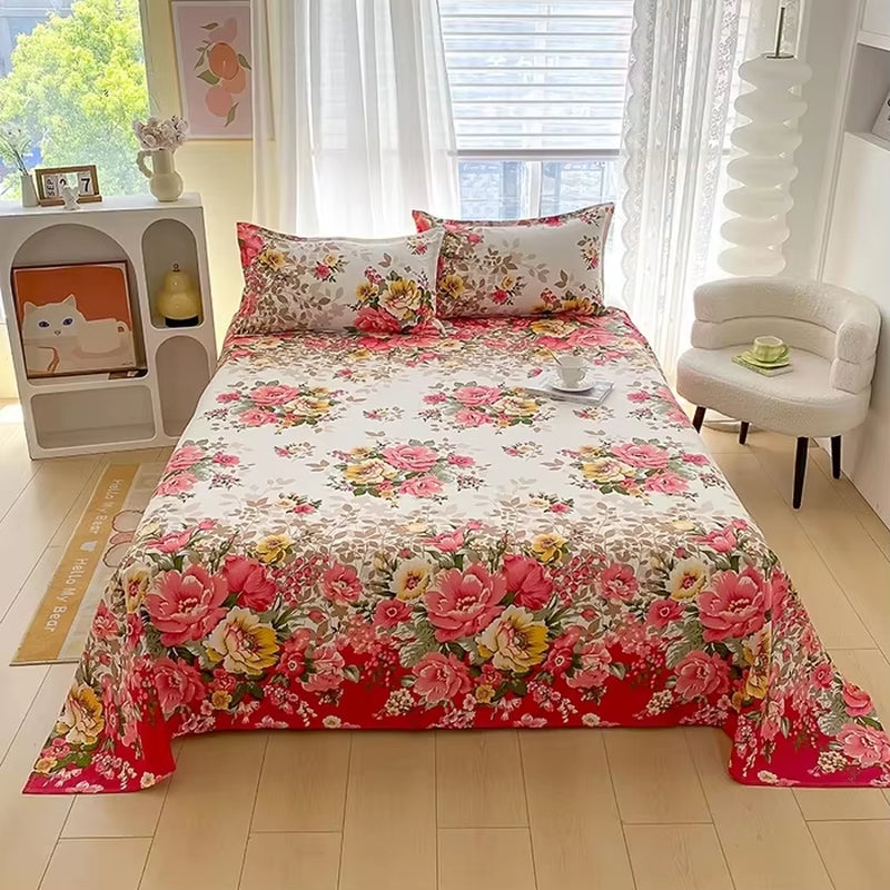 Red Flower Printed Flat Bed Sheets for Double Bed Single/Queen/King Reactive Printed Top Sheets for Beds Sabanas Cama 150X200