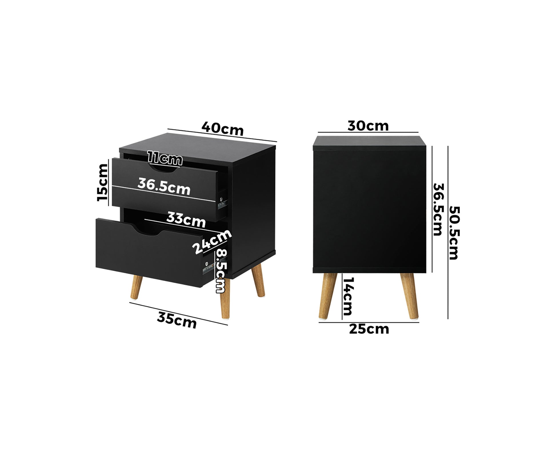 Bedside Tables 2 Drawers Side Table Bedroom Furniture Storage Black
