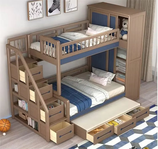 Modern Design Solid Wood Storage Children Three Bunk Bed 