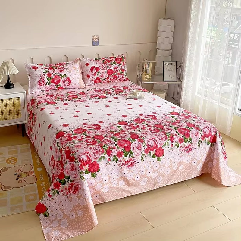 Red Flower Printed Flat Bed Sheets for Double Bed Single/Queen/King Reactive Printed Top Sheets for Beds Sabanas Cama 150X200
