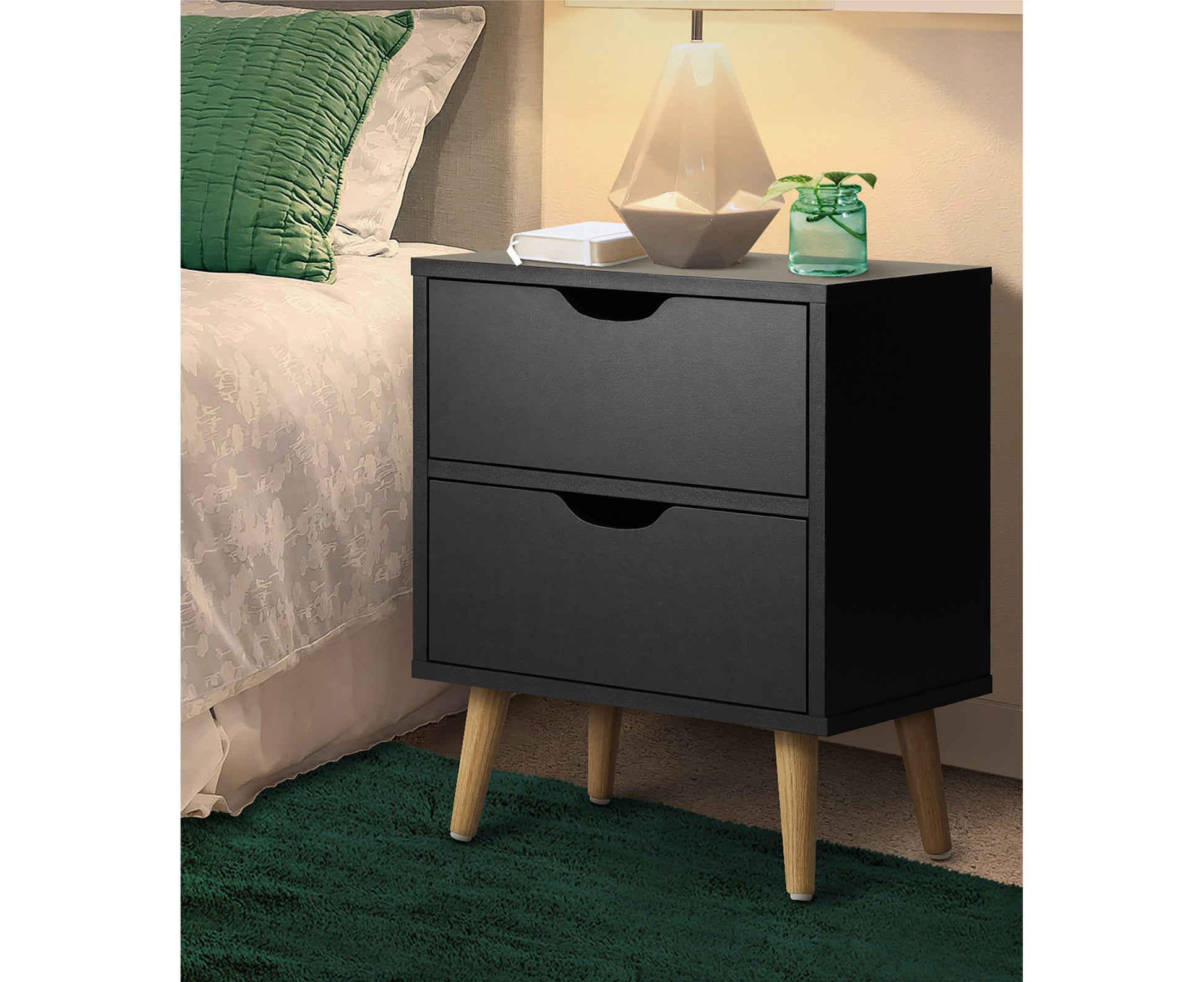 Bedside Tables 2 Drawers Side Table Bedroom Furniture Storage Black