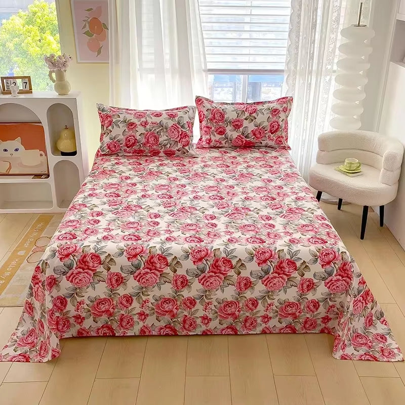 Red Flower Printed Flat Bed Sheets for Double Bed Single/Queen/King Reactive Printed Top Sheets for Beds Sabanas Cama 150X200