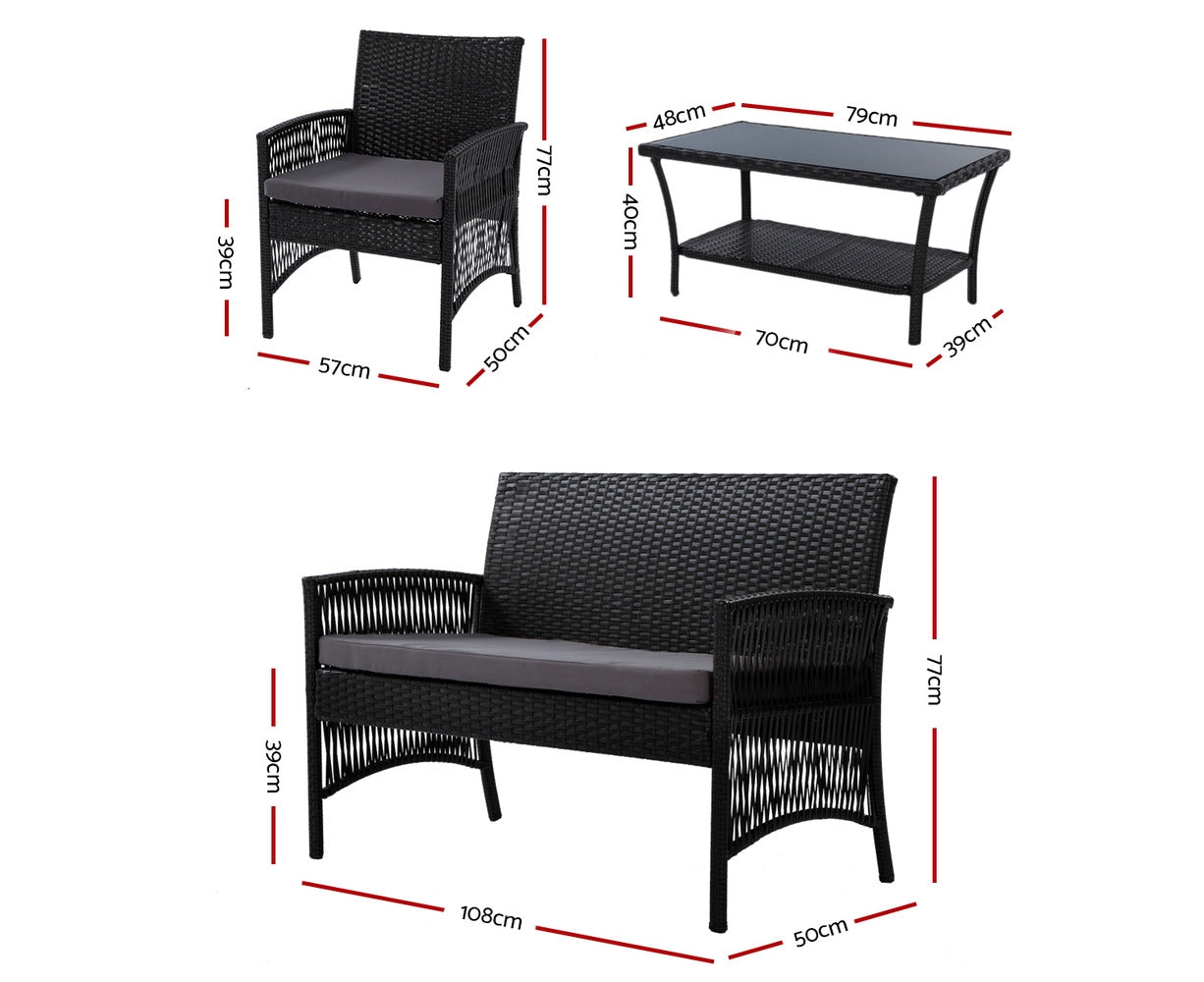 4PCS Outdoor Sofa Set Wicker Harp Chair Table Garden Furniture Black