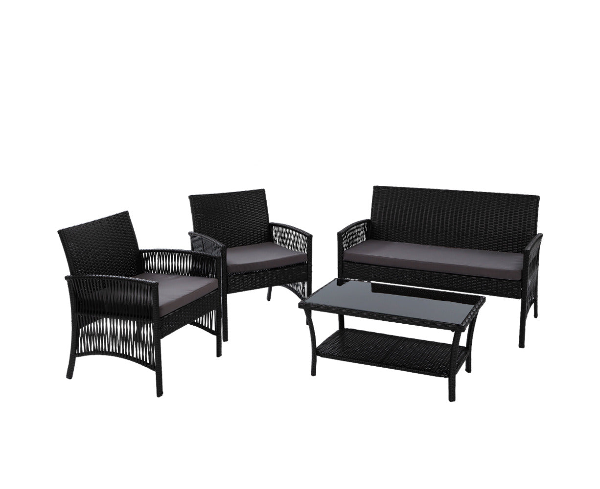 4PCS Outdoor Sofa Set Wicker Harp Chair Table Garden Furniture Black