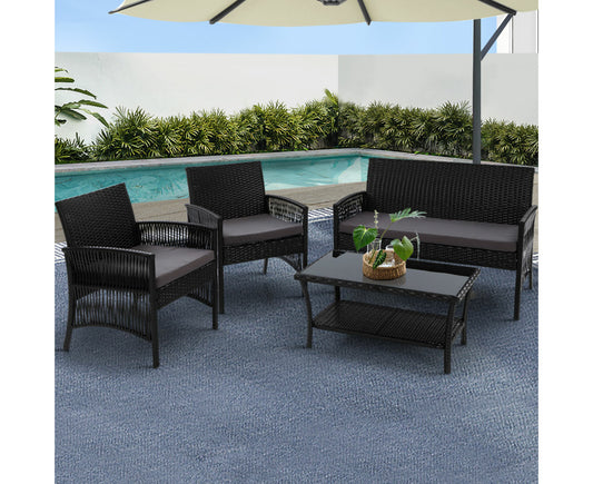 4PCS Outdoor Sofa Set Wicker Harp Chair Table Garden Furniture Black