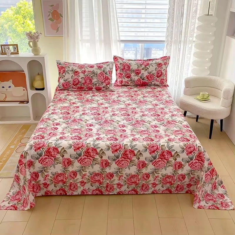 Red Flower Printed Flat Bed Sheets for Double Bed Single/Queen/King Reactive Printed Top Sheets for Beds Sabanas Cama 150X200
